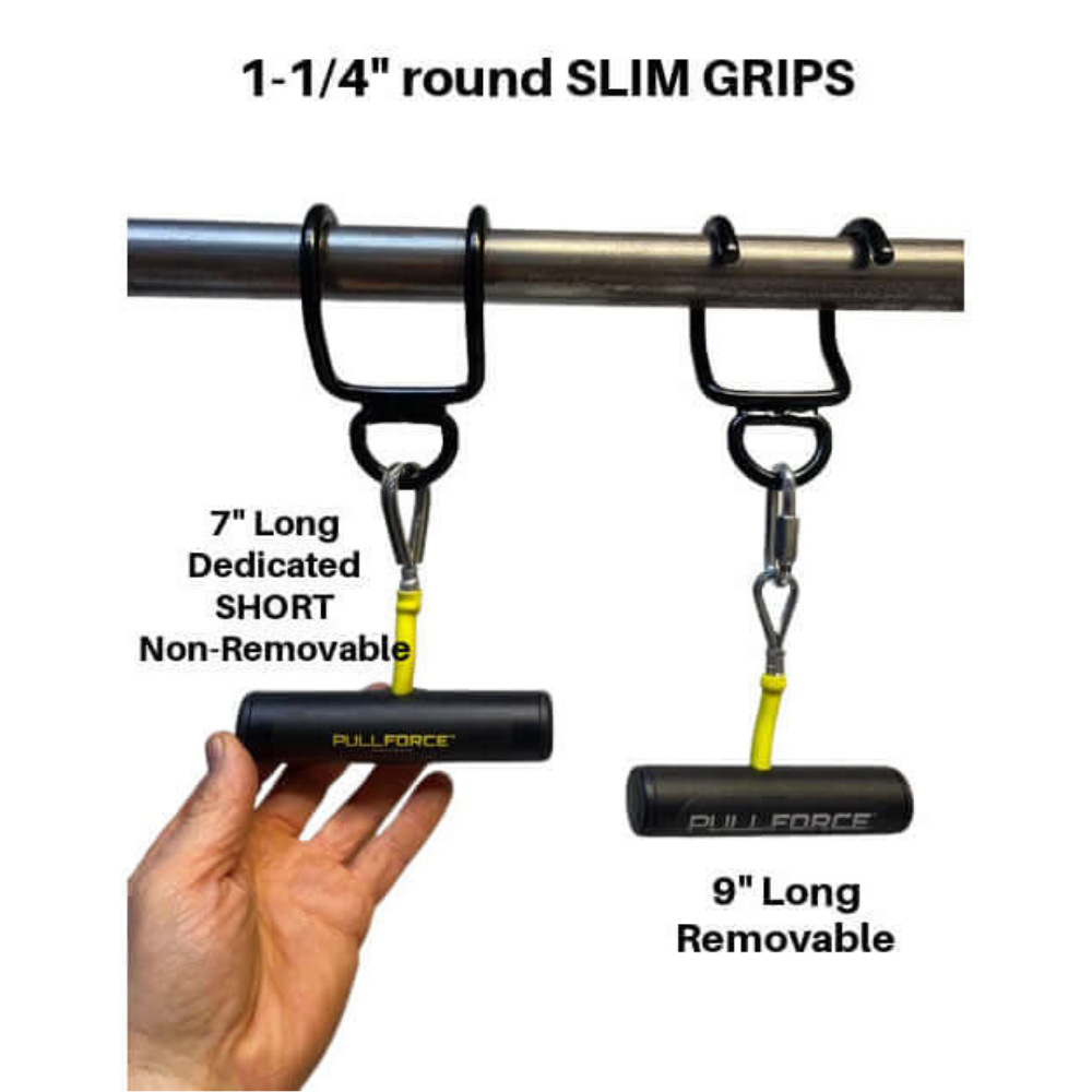 The PULL FORCE 'Freestyle Motion' Rotating Pull Up Grips feature 7" short non-removable and 9" long removable black grips. Integrated rotating handles provide freestyle motion to enhance muscle stimulation during workouts.