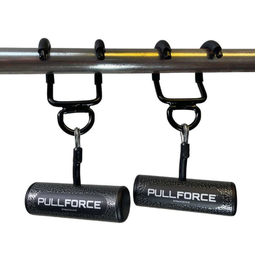 Two black PULL FORCE 'Freestyle Motion' Rotating Pull Up Grips hang from a metal bar with hooks, designed for fitness and muscle stimulation. Their rotating motion supports versatile strength training, making them ideal for any workout regimen.