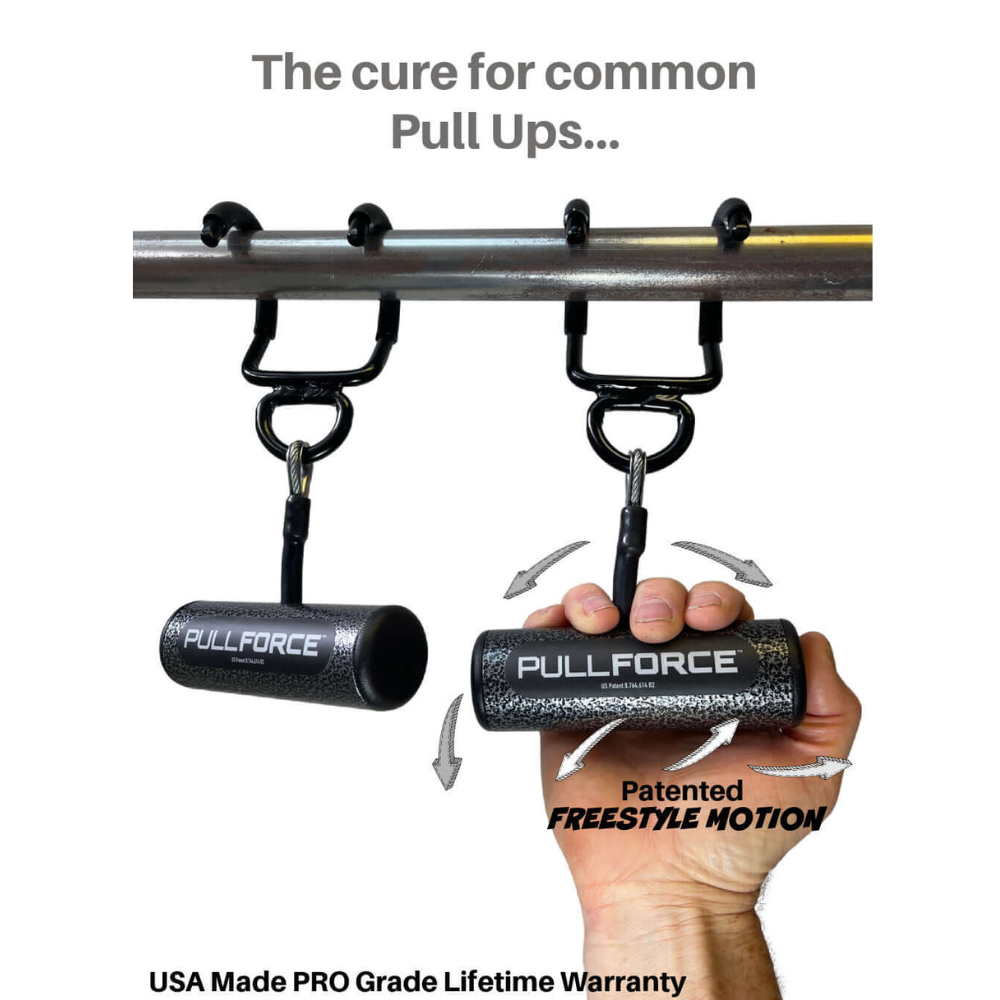 Hands gripping cylindrical PULL FORCE 'Freestyle Motion' Rotating Pull Up Grips, designed for muscle stimulation with rotating handles, illustrated with motion arrows.
