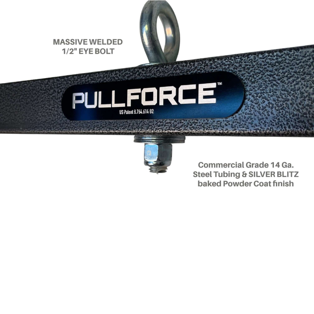 The PULL FORCE 'Freestyle' Lat Pull Down Attachment, featuring a 1/2" eye bolt and 14 Ga. steel tubing with a powder coat finish, offers unmatched strength and versatility, perfect for your Freestyle Motion routine.