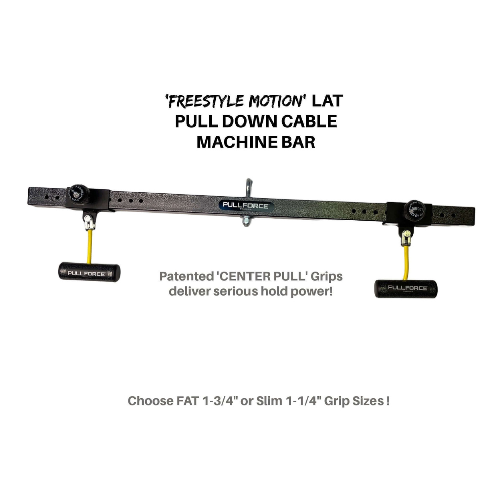 The PULL FORCE 'Freestyle' is an innovative lat pulldown attachment with center pull grips and adjustable sizes for optimal performance.