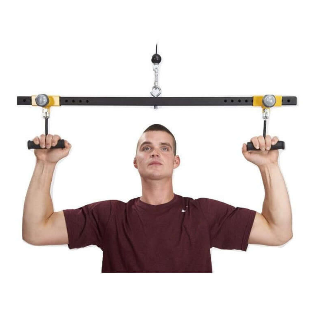 Using the PULL FORCE 'Freestyle' Lat Pull Down Attachment, someone executes a chin-up in a natural motion against a white backdrop, combining strength and grace.
