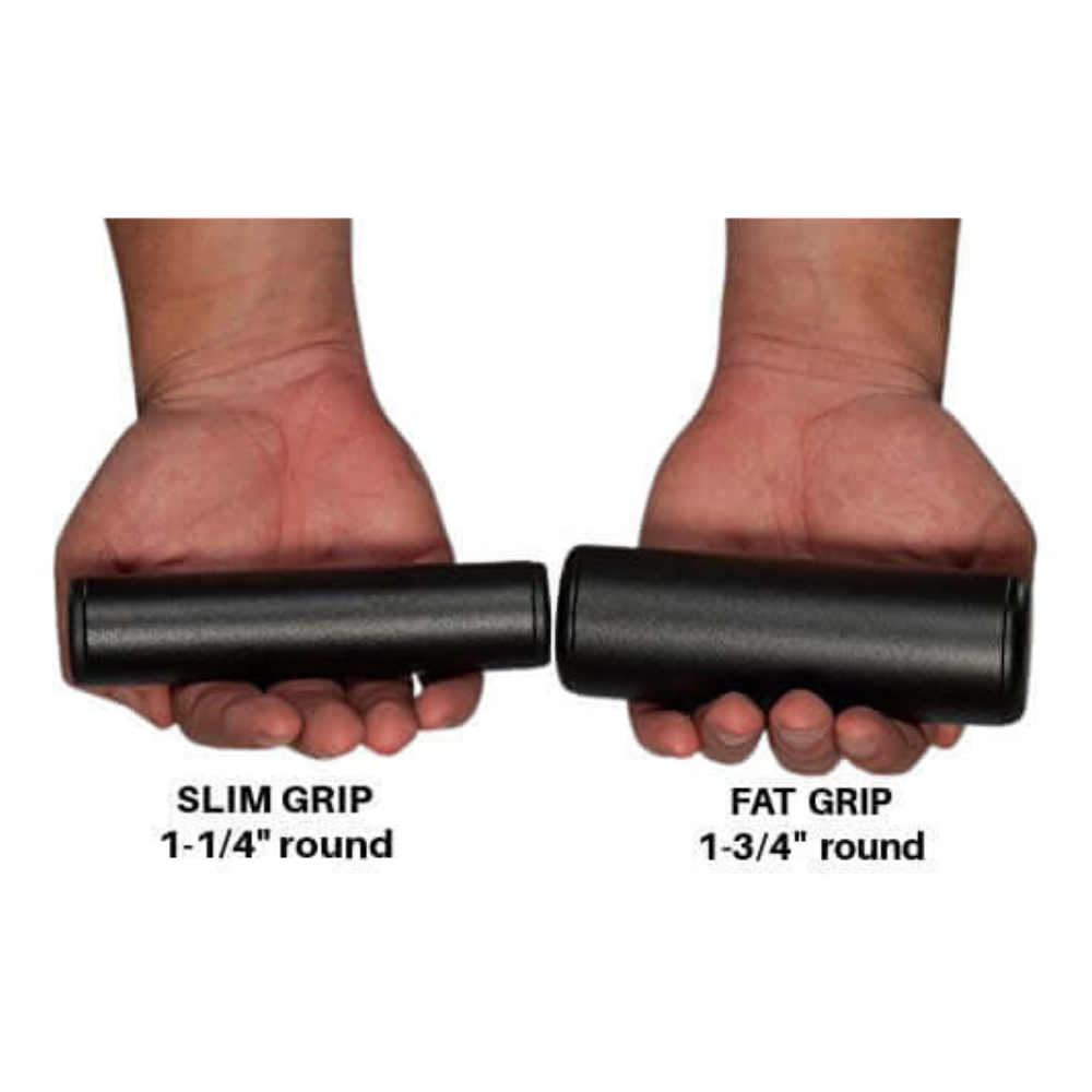 Two hands holding black Slim Grip and Fat Grip, with size labels in inches, designed for split finger power and freestyle motion. Product: PULL FORCE 'Freestyle' The Best Lat Pull Down Attachment.