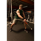 A man focuses on back workouts in the gym, expertly using the PULL FORCE GEN2 Cable Machine Back Workouts Single Grip. He sports a green tank top and gray shorts to ensure a superior grip for optimal performance.