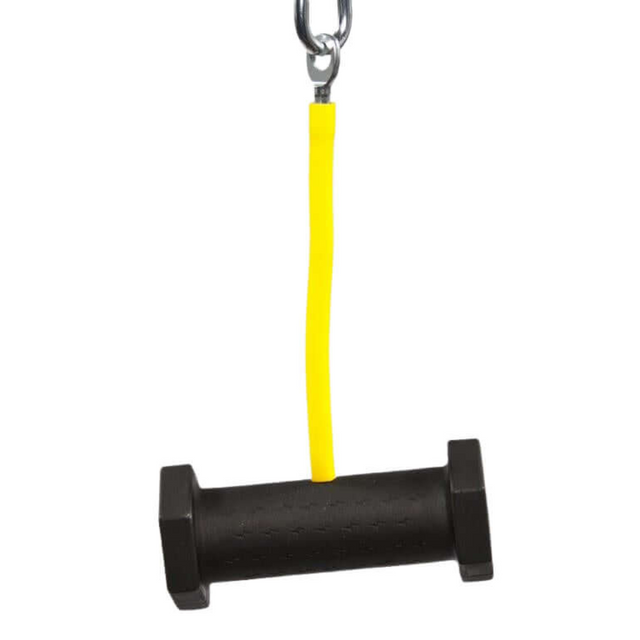 The PULL FORCE GEN2 Single Grip features a black pulley attachment with a yellow rope, offering superior grip for back workouts, and connects securely to your cable machine with a robust metal clip.