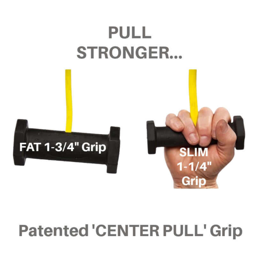 The left hand holds the FAT 1-3/4" grip with a yellow band, while the right hand grips a SLIM 1-1/4", ideal for cable exercises. "PULL STRONGER" with PULL FORCE GEN2's superior grip to maximize your back workouts.