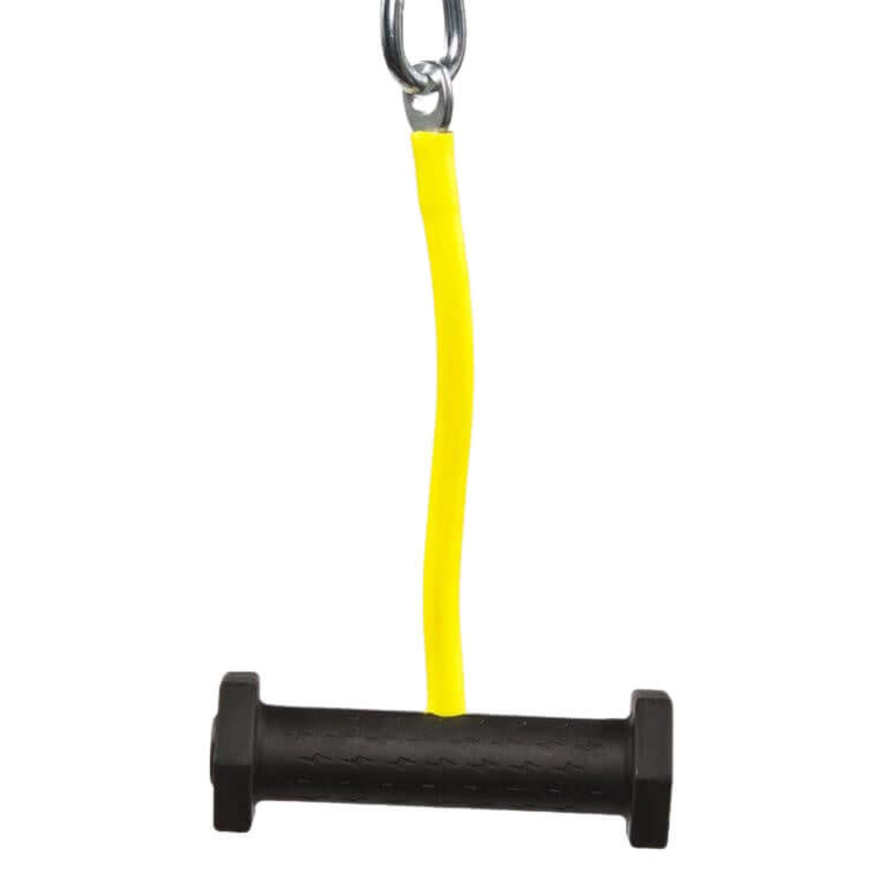 The PULL FORCE GEN2 Single Grip features a black handle with a yellow strap and metal hook, providing exceptional grip for back workouts on the cable machine.