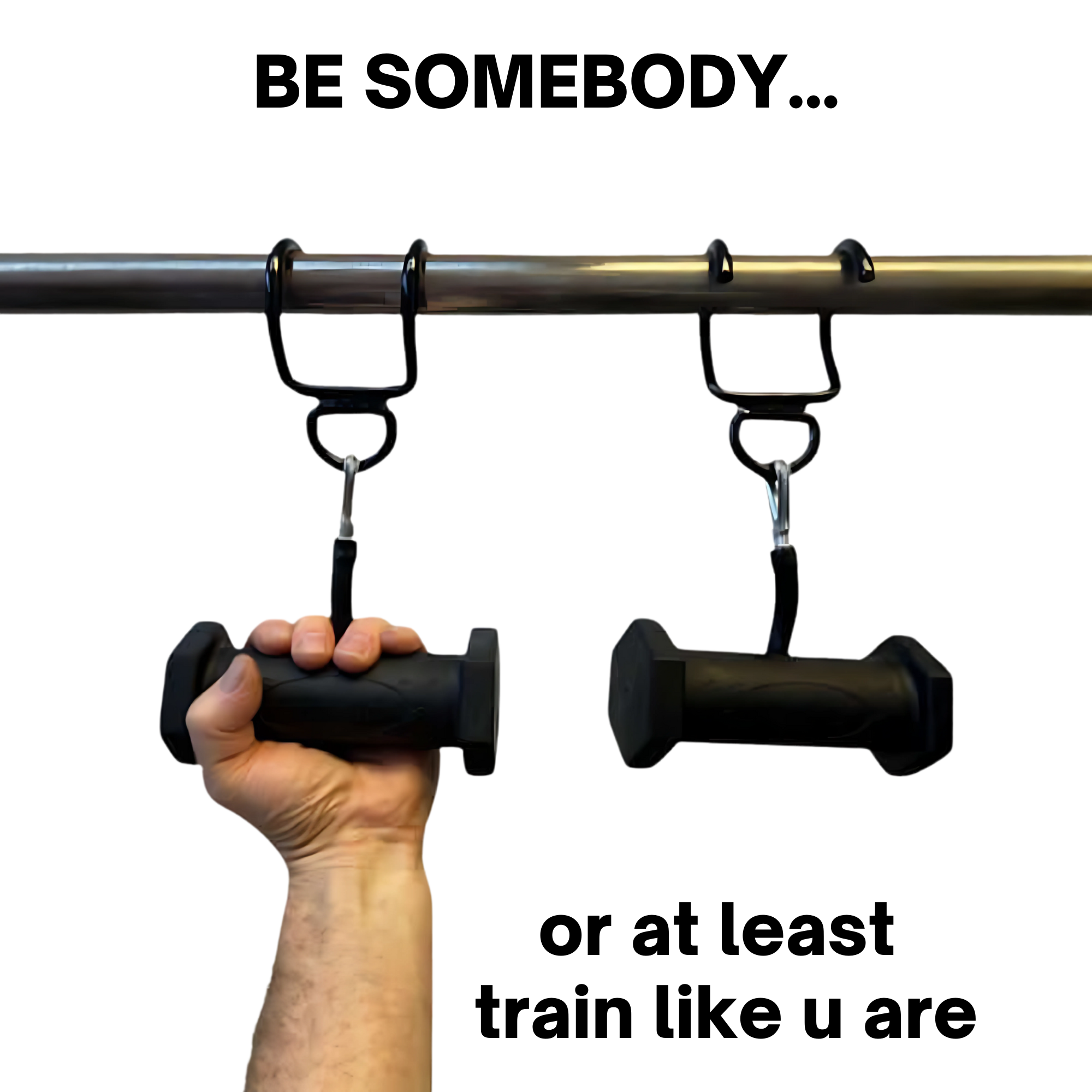 A hand grips a PULL FORCE GEN2 Handle for Pull up Bar, attached to a metal bar with hooks and carabiners, enhancing muscle stimulation.