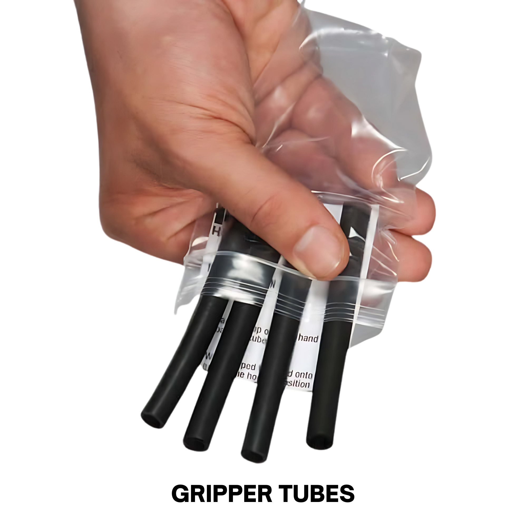 A hand holds a small clear plastic bag with four black tubes, perfect for adding resistance and muscle stimulation to your PULL FORCE GEN2 Handles for Pull up Bar.