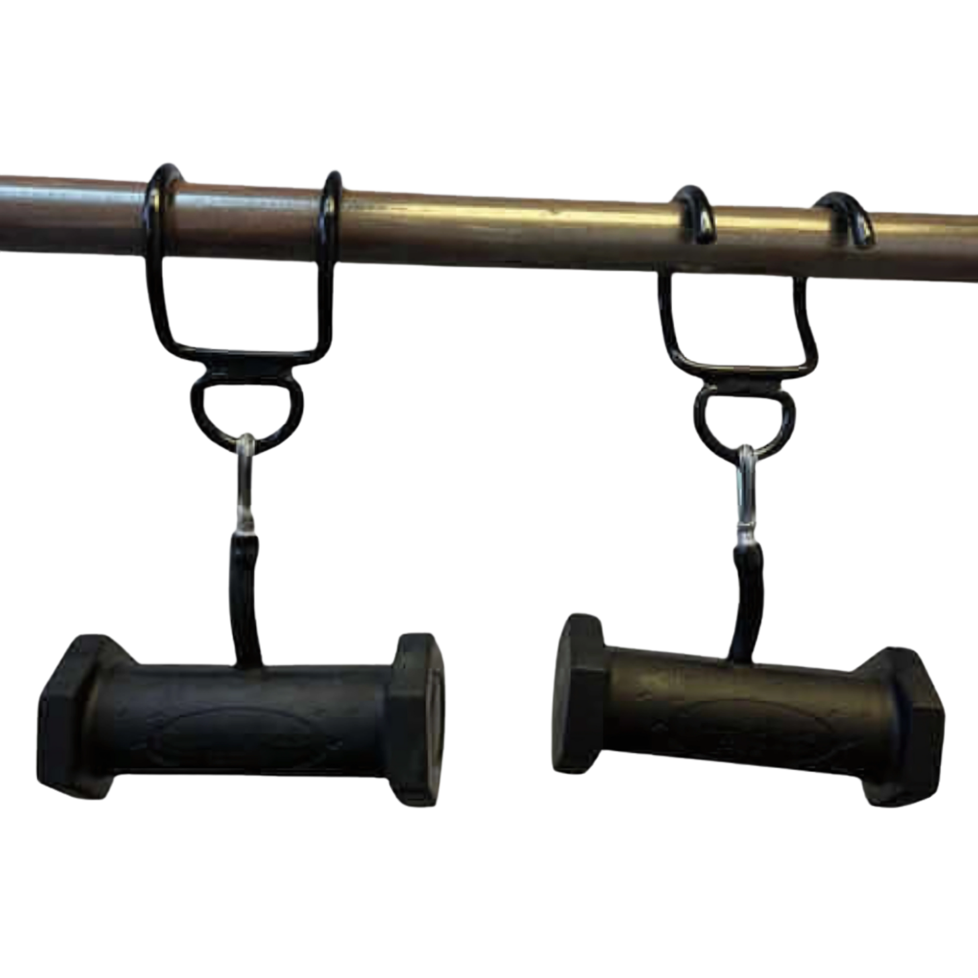 Two black PULL FORCE GEN2 Handles for Pull up Bar, shaped like dumbbells, hang from a sturdy metal pull up bar.