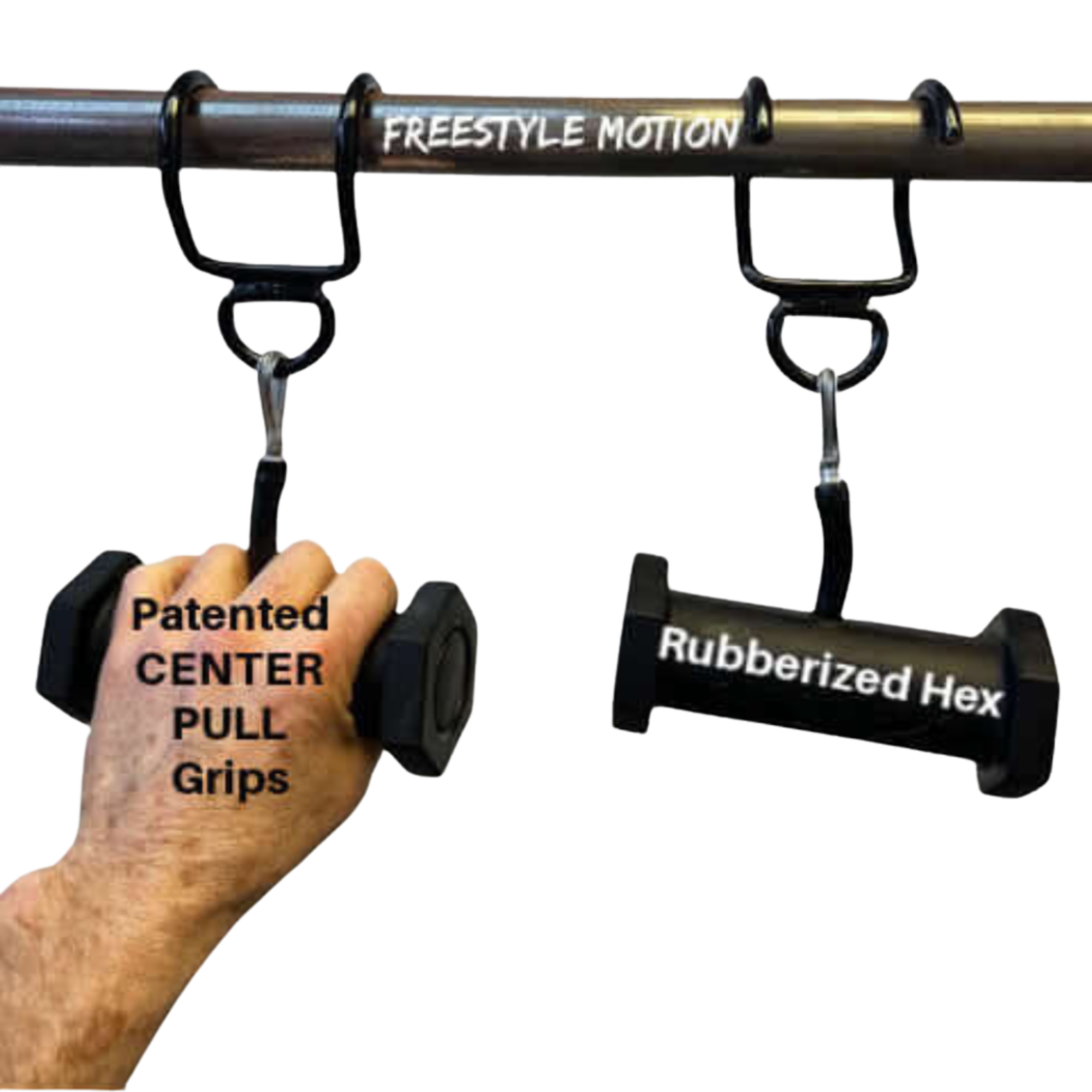A hand grips the PULL FORCE GEN2 Handles for Pull up Bar labeled "Patented CENTER PULL Grips" for enhanced muscle stimulation; another displays "Rubberized Hex PULL FORCE GEN2 Handles.