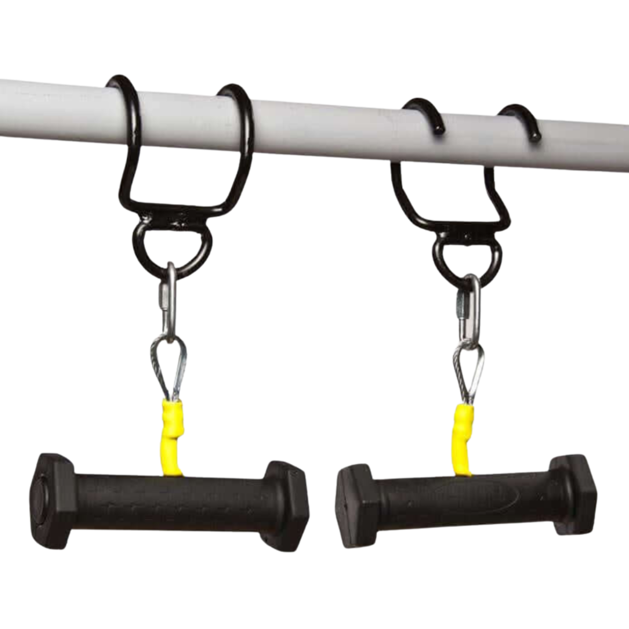 Two PULL FORCE GEN2 Handles for Pull up Bar in black and yellow hang from hooks on a horizontal bar, ready to boost your muscle activation during workouts.
