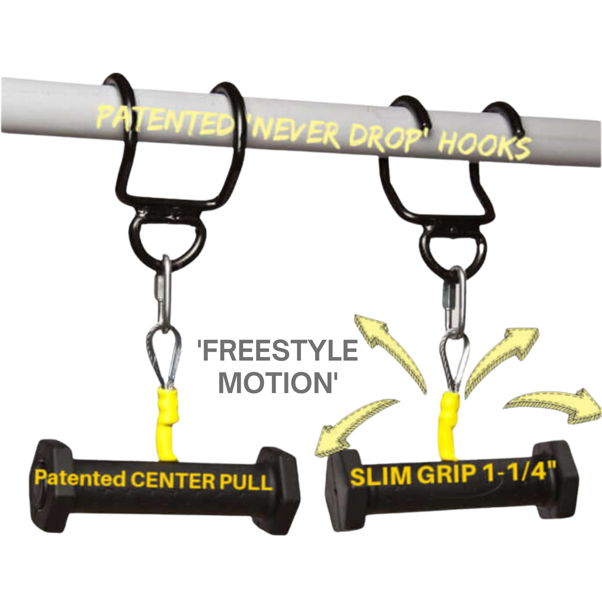 Two black PULL FORCE GEN2 Handles for Pull up Bar with yellow text are shown hanging, showcasing freestyle motion and enhanced grip for better muscle stimulation.