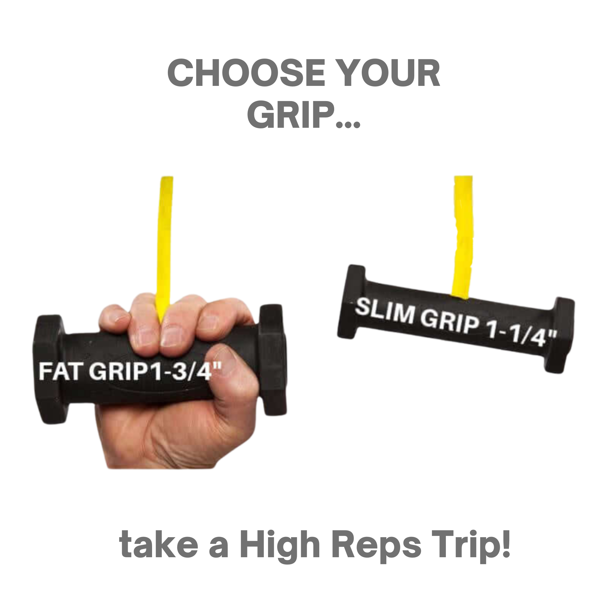 Two hands grip PULL FORCE GEN2 Handles for Pull up Bar, shown with "FAT GRIP 1-3/4"" and "SLIM GRIP 1-1/4"" options, highlighting increased muscle stimulation.