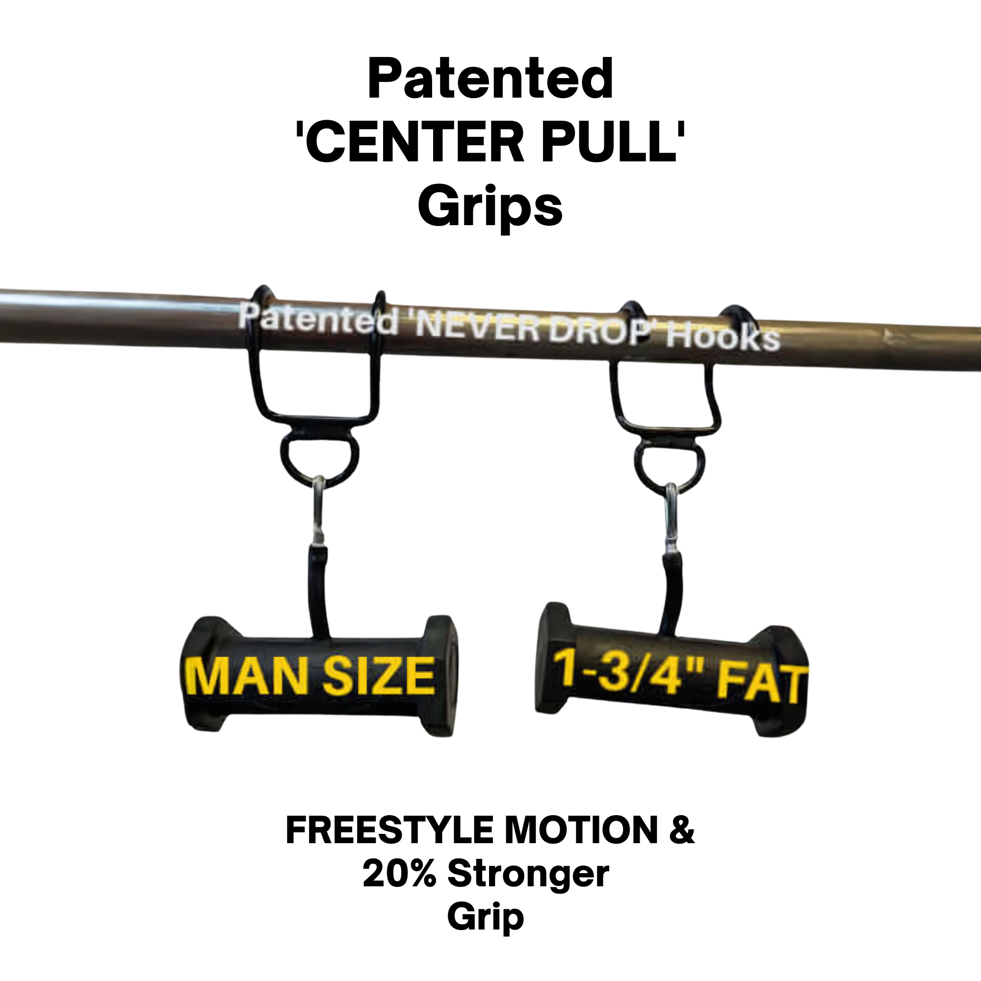 The PULL FORCE GEN2 Handles for Pull up Bar feature patented NEVER DROP Hooks and labeled grips ("MAN SIZE" and "1-3/4'' FAT") on a black bar with two hooks, delivering an advanced pull-up bar experience.