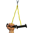 A hand grips the PULL FORCE GEN 2 Double Grips Cable Gym Attachment—a black bar with a yellow resistance band and metal clip, resembling cable machine handles, isolated on black.