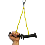 A hand grips the PULL FORCE GEN 2 Double Grips Cable Gym Attachment—a black bar with a yellow resistance band and metal clip, resembling cable machine handles, isolated on black.