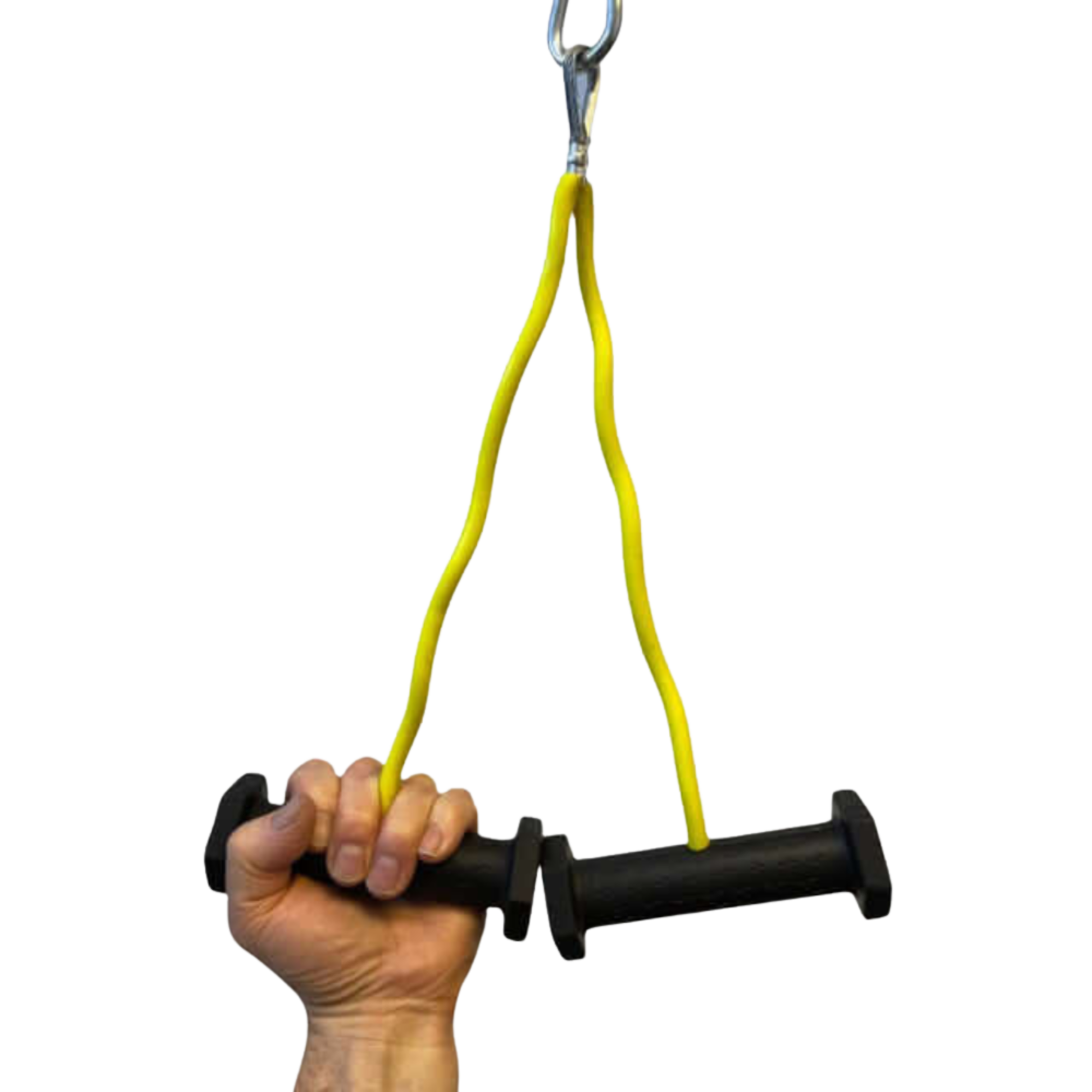 A hand grips the PULL FORCE GEN 2 Double Grips Cable Gym Attachment—a black bar with a yellow resistance band and metal clip, resembling cable machine handles, isolated on black.