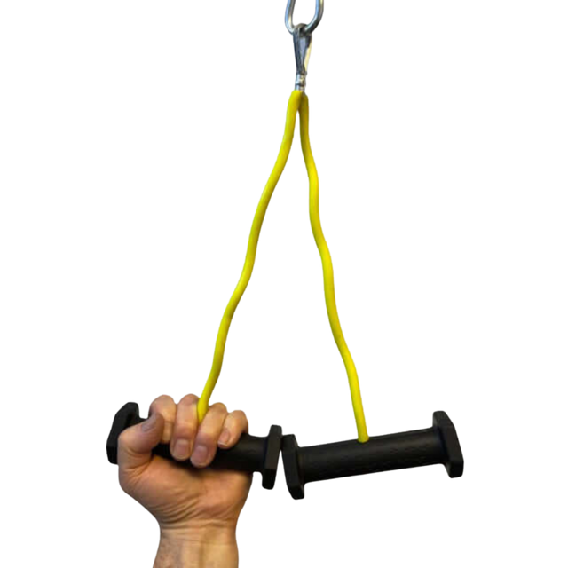 A hand grips the PULL FORCE GEN 2 Double Grips Cable Gym Attachment—a black bar with a yellow resistance band and metal clip, resembling cable machine handles, isolated on black.