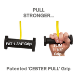 Two hands grip PULL FORCE GEN 2 Double Grips Cable Gym Attachment, labeled "FAT 1-3/4'' Grip" and "SLIM 1-1/4'' Grip," demonstrating Split Finger Power Grip with yellow straps above.
