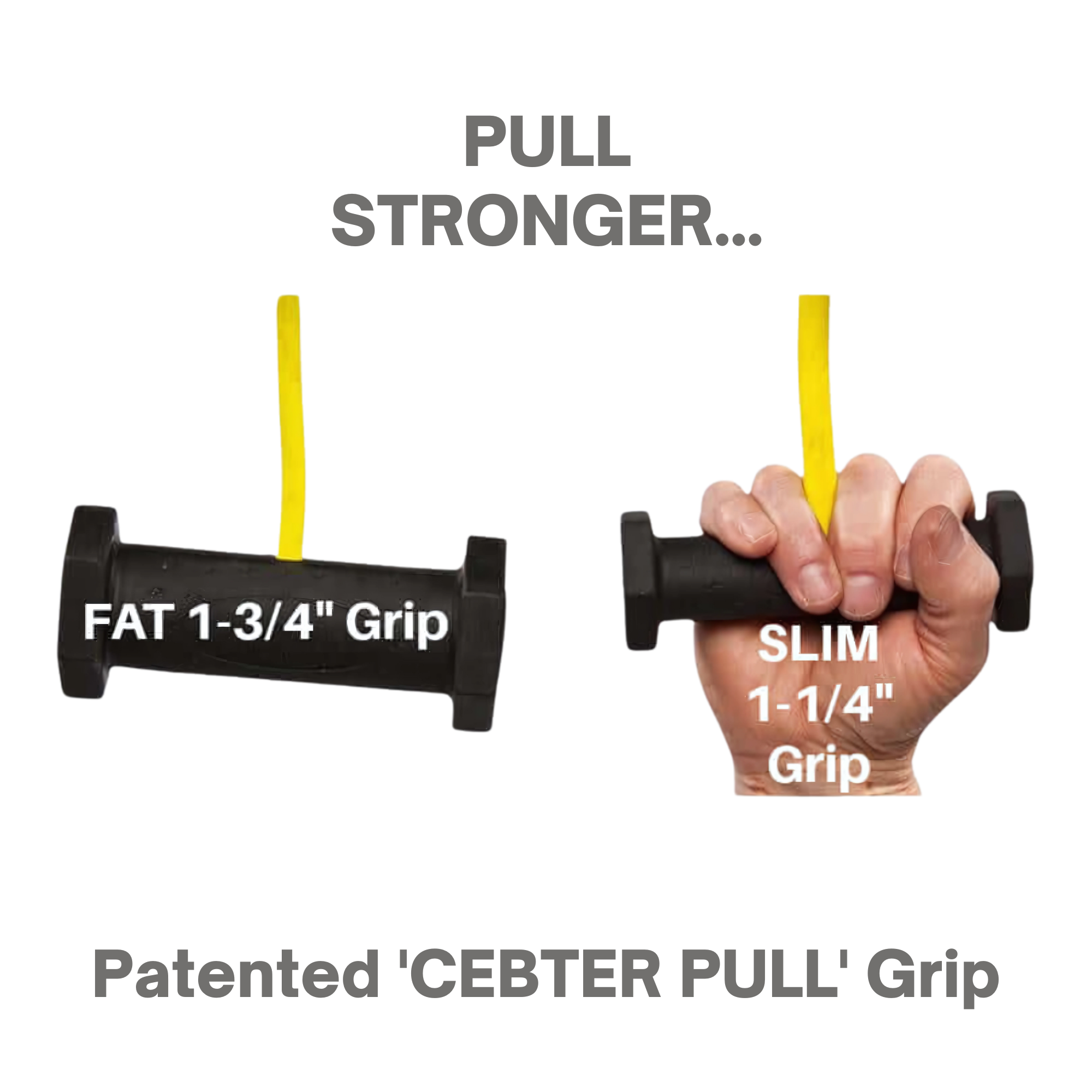 Two hands grip PULL FORCE GEN 2 Double Grips Cable Gym Attachment, labeled "FAT 1-3/4'' Grip" and "SLIM 1-1/4'' Grip," demonstrating Split Finger Power Grip with yellow straps above.