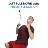Man in red shorts and maroon shirt using PULL FORCE GEN 2 Double Grips Cable Gym Attachment, text above reads "FREESTYLE MOTION".