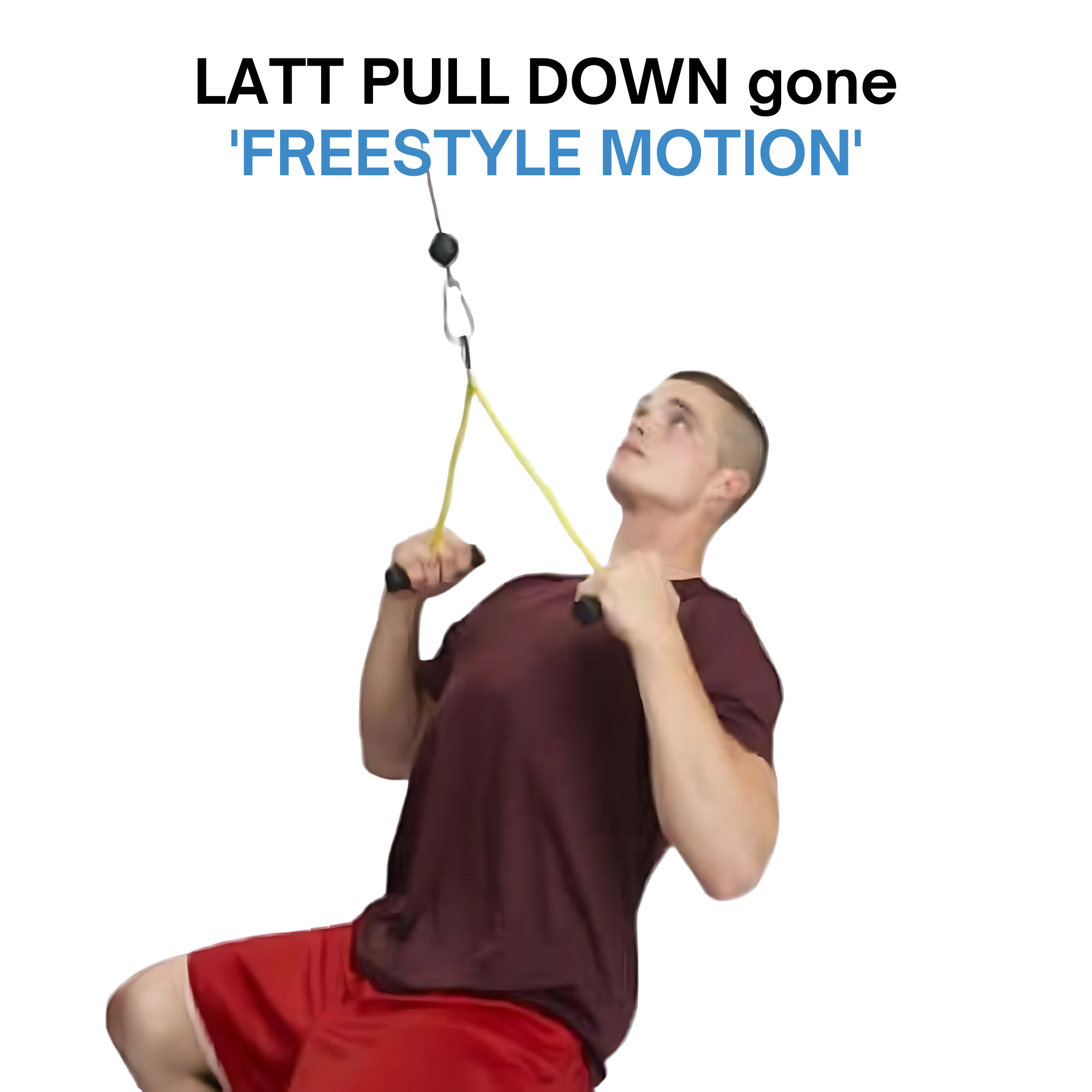 Man in red shorts and maroon shirt using PULL FORCE GEN 2 Double Grips Cable Gym Attachment, text above reads "FREESTYLE MOTION".