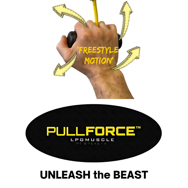 A hand grips the yellow PULL FORCE GEN 2 Double Grips Cable Gym Attachment with "FREESTYLE MOTION" and arrows, demonstrating Split Finger Power Grip for enhanced cable machine control.