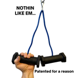A hand grips two PULL FORCE GEN 2 Double Grips Cable Gym Attachments, connected by a blue resistance band and a metal clip.