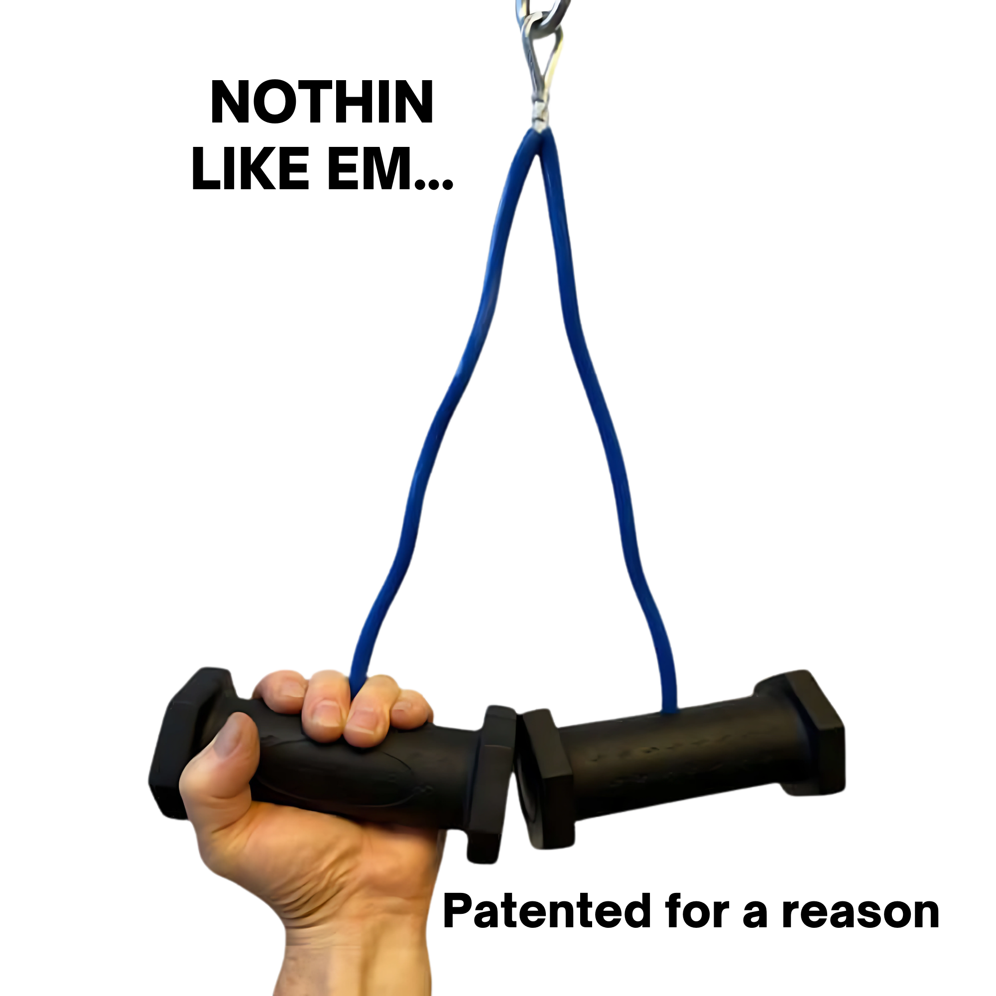 A hand grips two PULL FORCE GEN 2 Double Grips Cable Gym Attachments, connected by a blue resistance band and a metal clip.