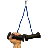 A hand grips two PULL FORCE GEN 2 Double Grips Cable Gym Attachments, connected by a blue resistance band and hanging from a metal hook.