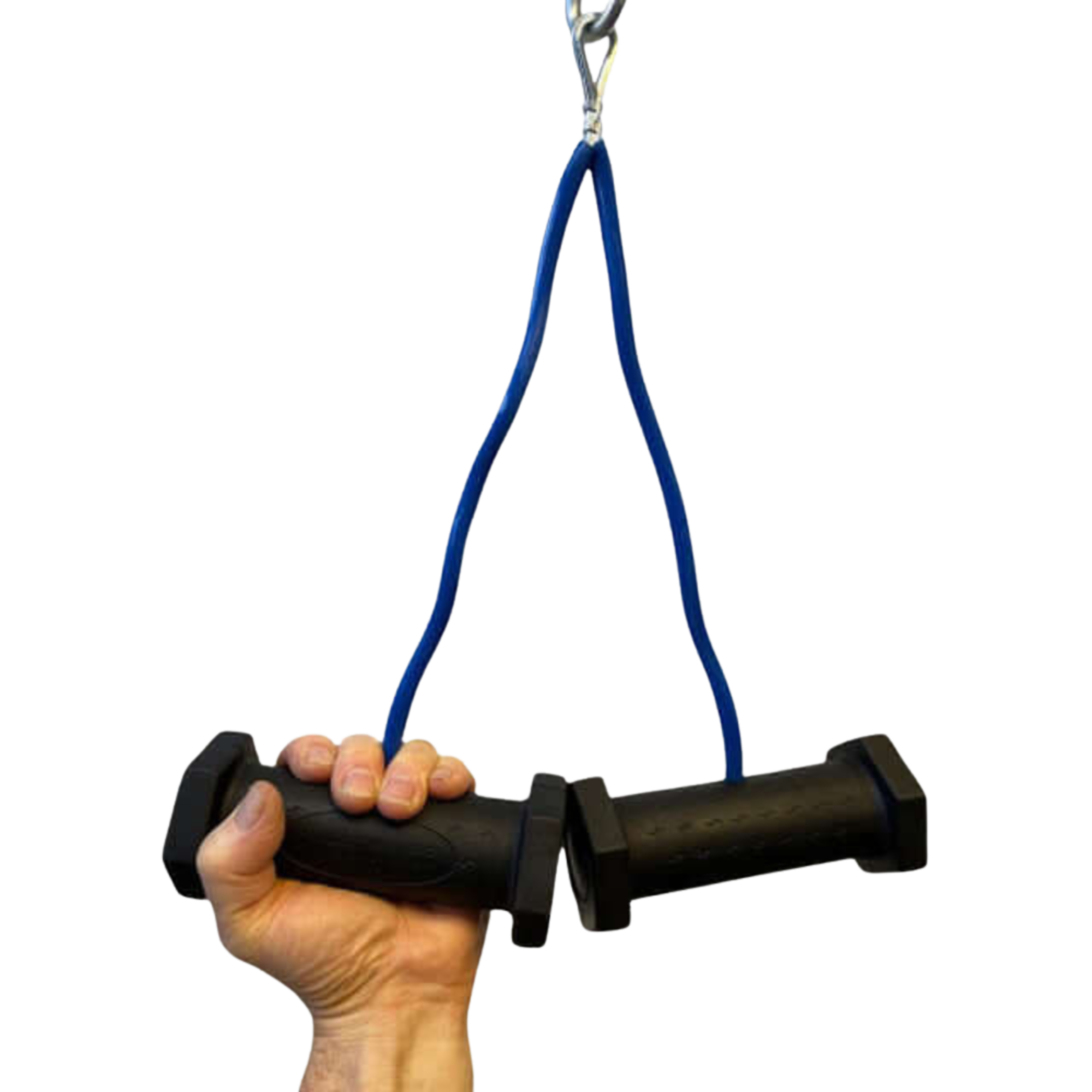 A hand grips two PULL FORCE GEN 2 Double Grips Cable Gym Attachments, connected by a blue resistance band and hanging from a metal hook.