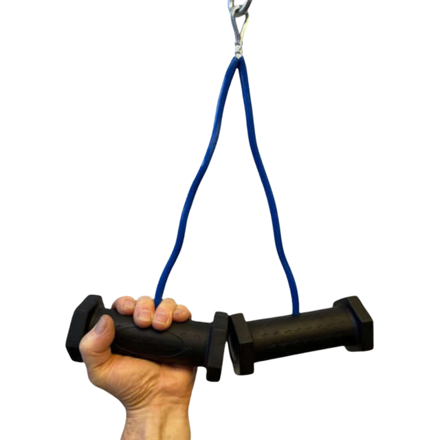 A hand grips two PULL FORCE GEN 2 Double Grips Cable Gym Attachments, connected by a blue resistance band and hanging from a metal hook.