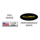 Two badges: one says "PRO GRADE" with a US flag and "MADE IN USA;" the other highlights "PULL FORCE GEN 2 Double Grips Cable Gym Attachment—ideal for cable machine handles and split finger power grip.