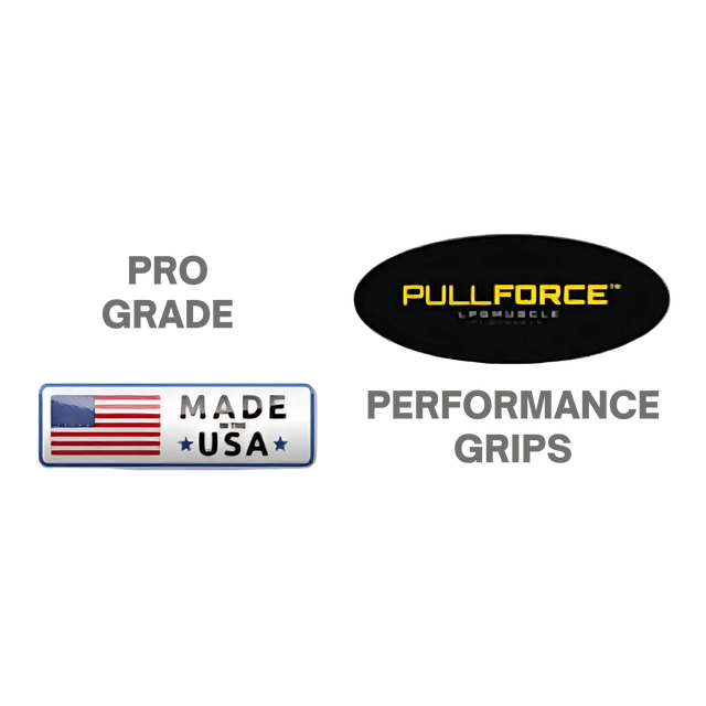 Two badges: one says "PRO GRADE" with a US flag and "MADE IN USA;" the other highlights "PULL FORCE GEN 2 Double Grips Cable Gym Attachment—ideal for cable machine handles and split finger power grip.