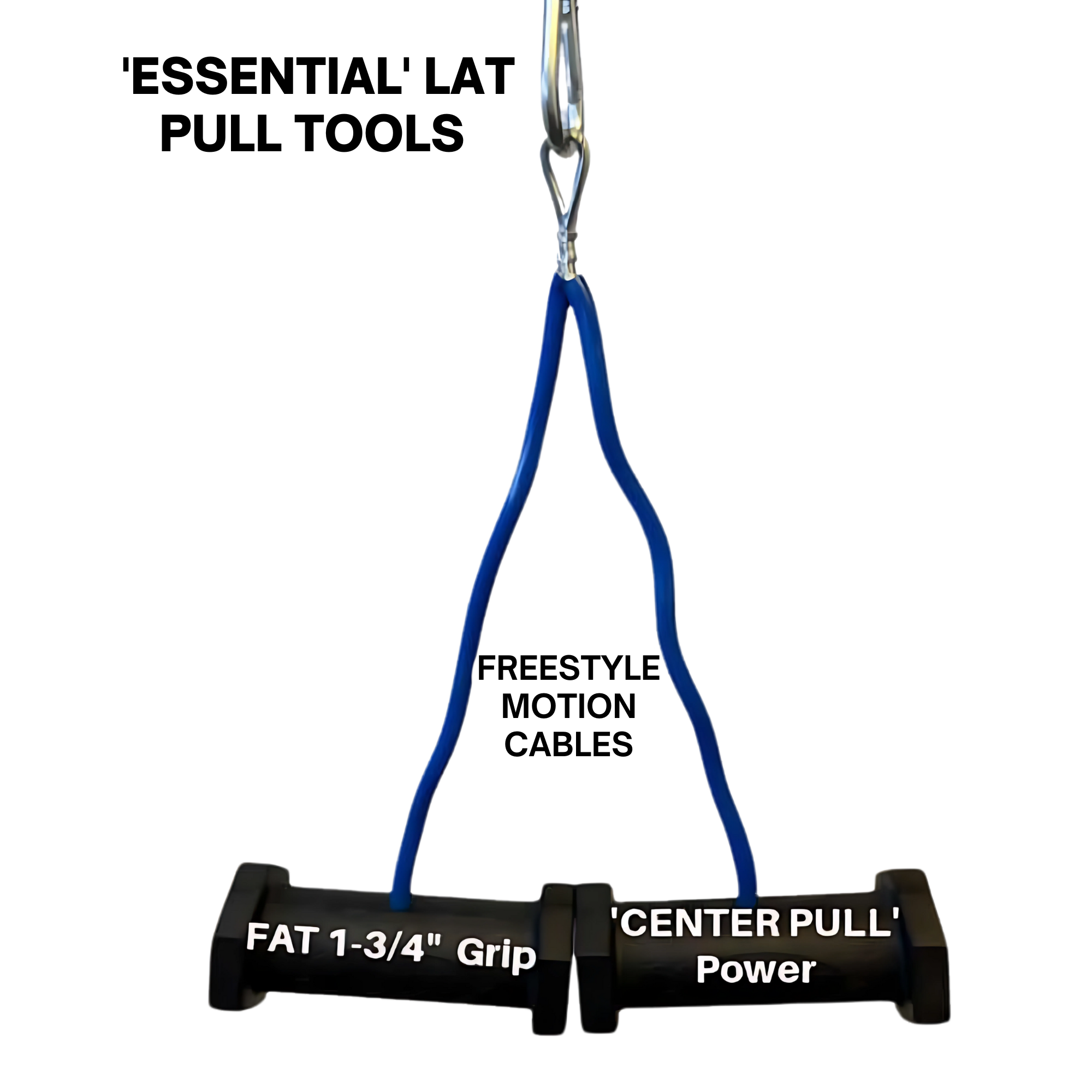 The PULL FORCE GEN 2 Double Grips Cable Gym Attachment features dual handles and a blue cable, labeled "FAT 1-3/4 Grip" and "'CENTER PULL' Power," ideal for cable machines and boosting split finger power grip.