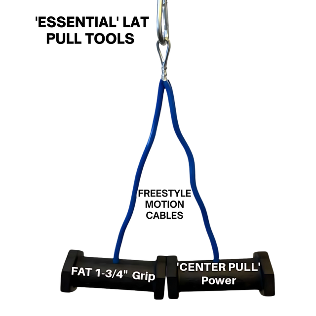 The PULL FORCE GEN 2 Double Grips Cable Gym Attachment features dual handles and a blue cable, labeled "FAT 1-3/4 Grip" and "'CENTER PULL' Power," ideal for cable machines and boosting split finger power grip.