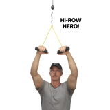 Man in a gray shirt and cap exercises overhead with yellow bands, using the PULL FORCE GEN 2 Double Grips Cable Gym Attachment and a Split Finger Power Grip, against a black background.