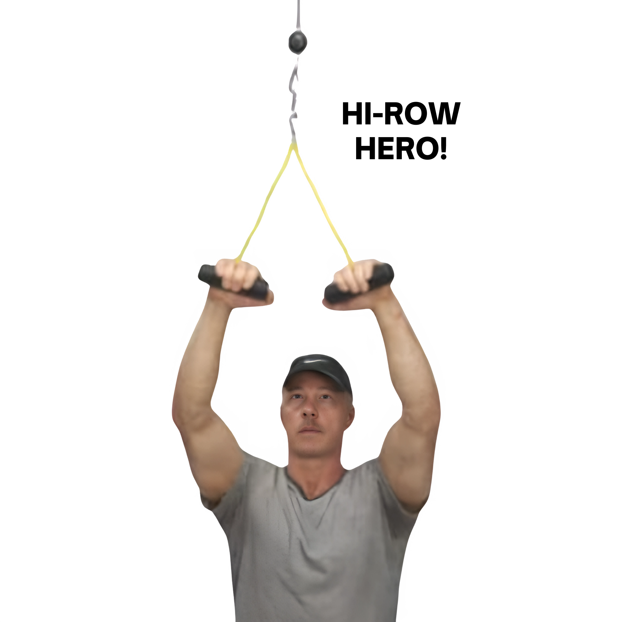 Man in a gray shirt and cap exercises overhead with yellow bands, using the PULL FORCE GEN 2 Double Grips Cable Gym Attachment and a Split Finger Power Grip, against a black background.