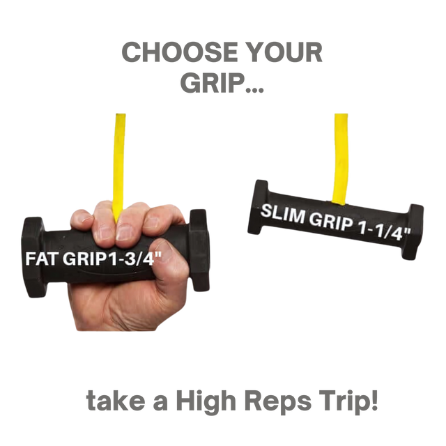 Two hands hold the PULL FORCE GEN 2 Double Grips Cable Gym Attachment, showing how different grip sizes can impact your workout. Choose the right handle to match your fitness goals and maximize performance.