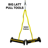 The PULL FORCE GEN 2 Double Grips Cable Gym Attachment features a yellow handle with black rubber grips labeled "Rubberized Hex" and "1-1/4'' SLIM GRIP," ensuring secure control for your cable machine workouts.