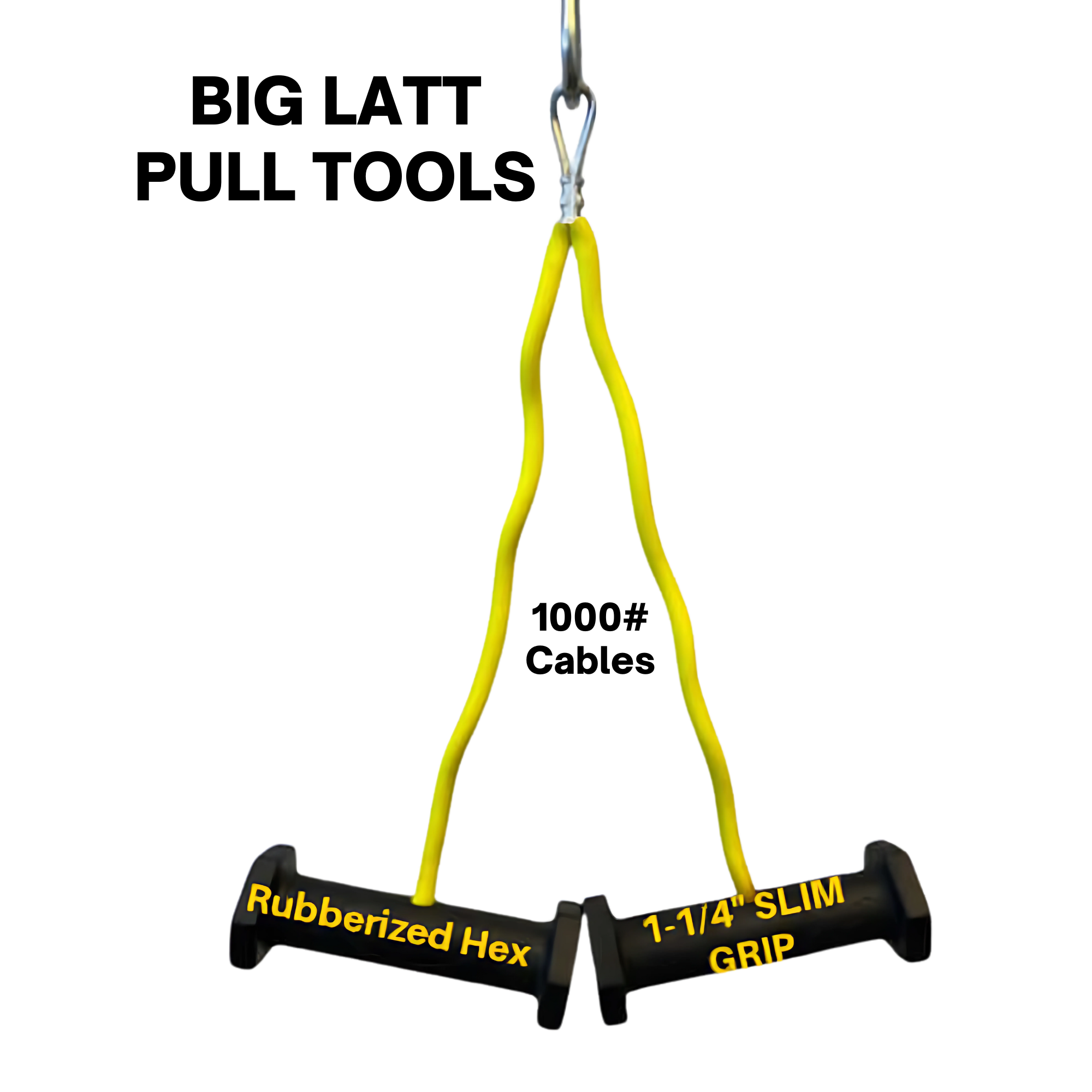 The PULL FORCE GEN 2 Double Grips Cable Gym Attachment features a yellow handle with black rubber grips labeled "Rubberized Hex" and "1-1/4'' SLIM GRIP," ensuring secure control for your cable machine workouts.