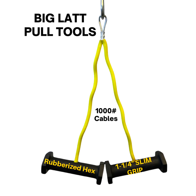 The PULL FORCE GEN 2 Double Grips Cable Gym Attachment features a yellow handle with black rubber grips labeled "Rubberized Hex" and "1-1/4'' SLIM GRIP," ensuring secure control for your cable machine workouts.