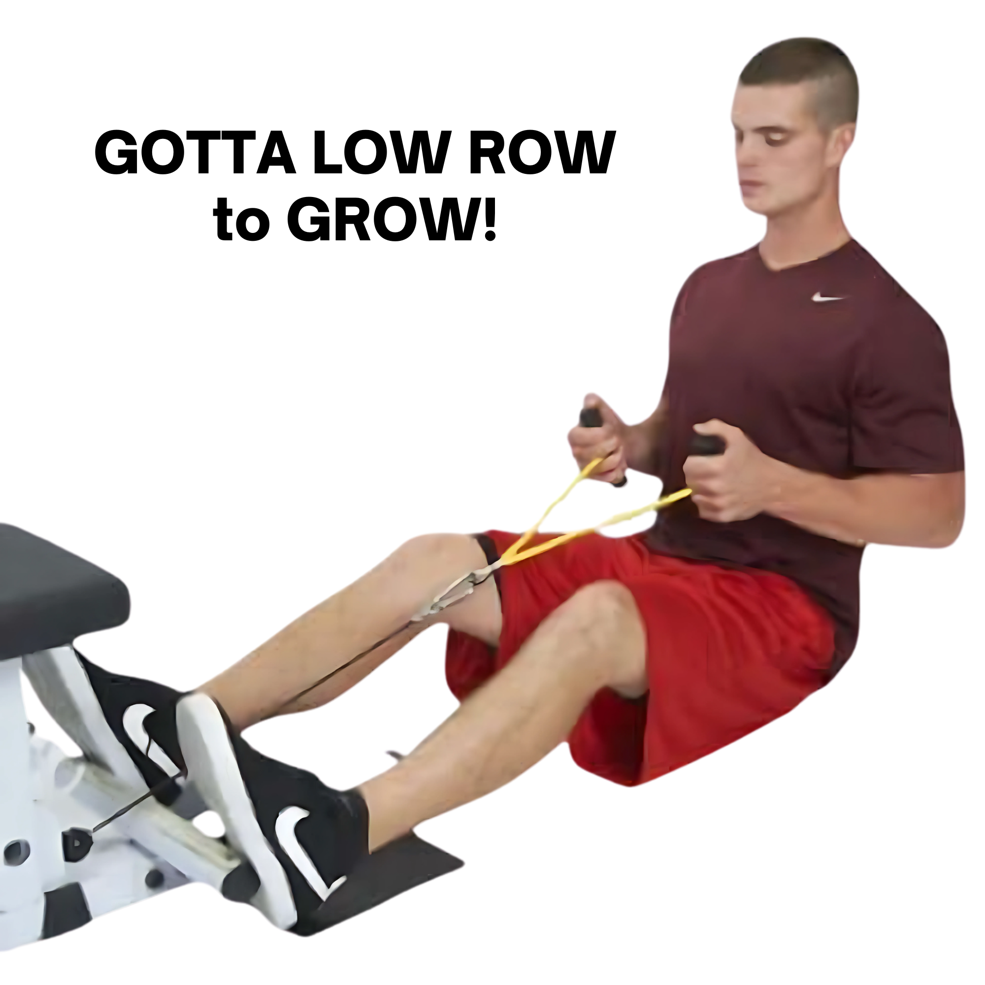 Man exercising with resistance bands and the PULL FORCE GEN 2 Double Grips Cable Gym Attachment while seated on the floor, feet braced against a bench.