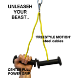 A hand grips the black PULL FORCE GEN 2 Double Grips Cable Gym Attachment, designed for Freestyle Motion Cables, which is secured to a yellow resistance band with a metal clip.
