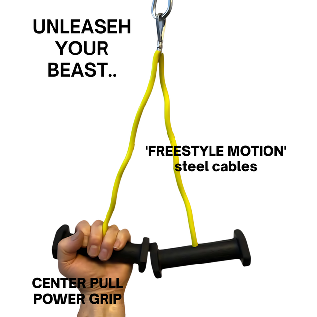 A hand grips the black PULL FORCE GEN 2 Double Grips Cable Gym Attachment, designed for Freestyle Motion Cables, which is secured to a yellow resistance band with a metal clip.