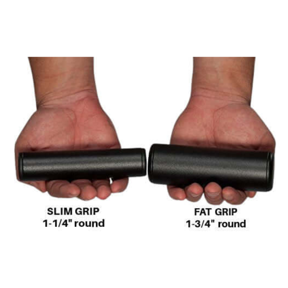 Two hands holding black cylindrical grips, "Slim Grip 1-1/4 inch round" and "Fat Grip 1-3/4 inch round," ideal for superior grip with PULL FORCE Hi-Intensity Cable Gym Attachments. Designed with commercial-grade durability and strength for optimal performance.
