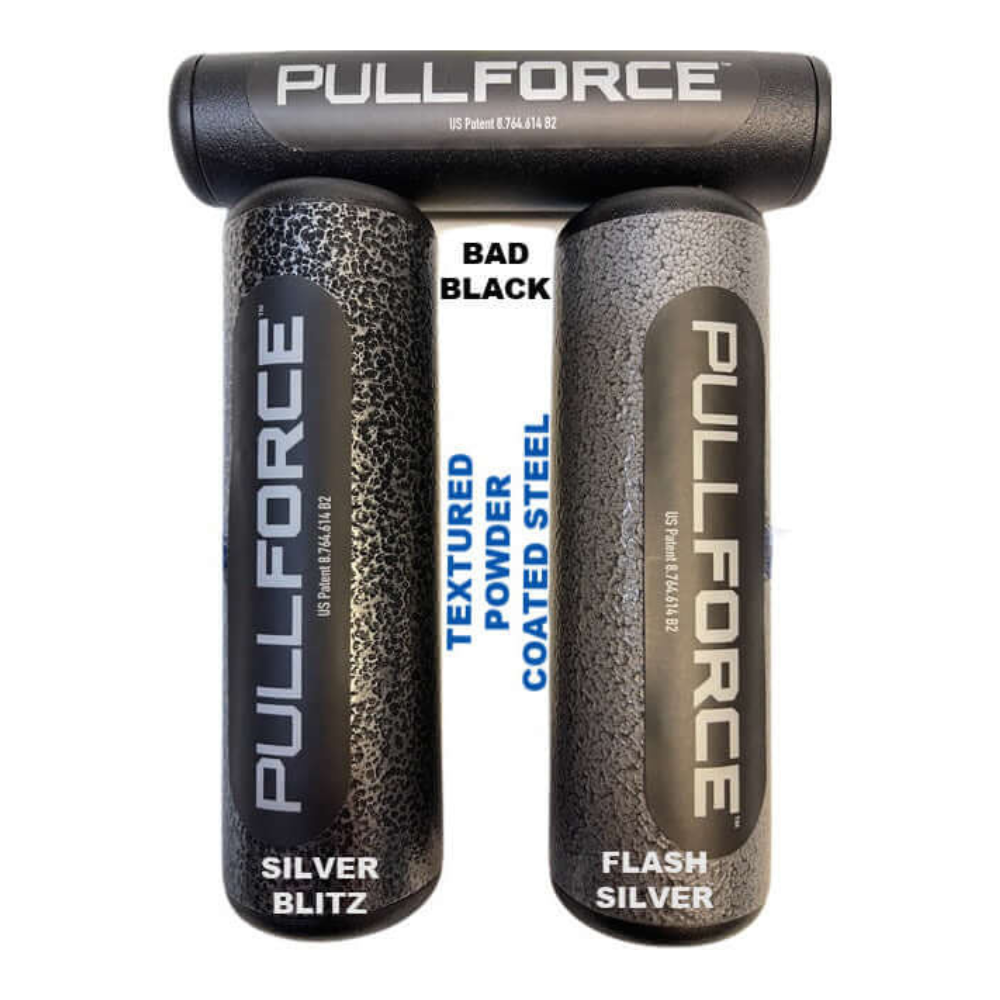 The PULL FORCE Hi-Intensity Cable Gym Attachment handles, "Silver Blitz" and "Flash Silver," offer a superior grip with textured and smooth finishes, ideal as cable gym attachments.
