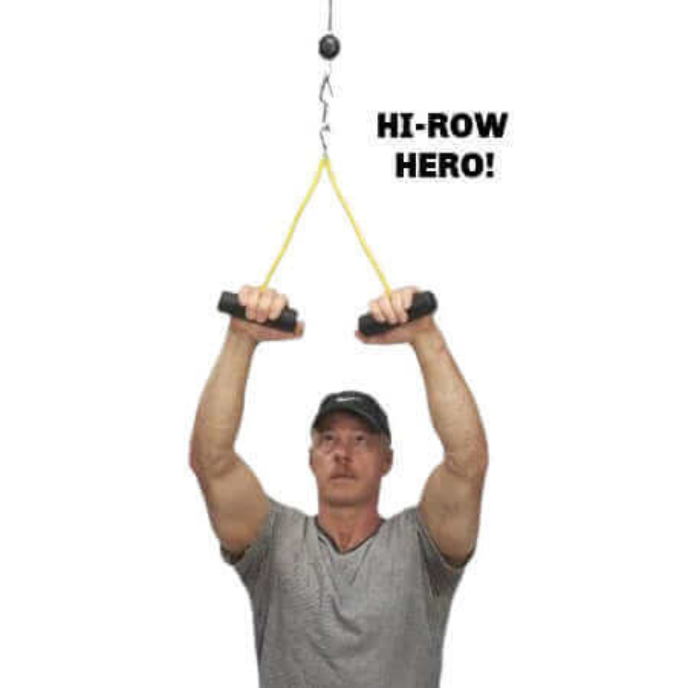 Man in gray shirt uses PULL FORCE Hi-Intensity Cable Gym Attachment handles, pulling the yellow resistance handles upward with exceptional grip. Caption reads "HI-ROW HERO!.