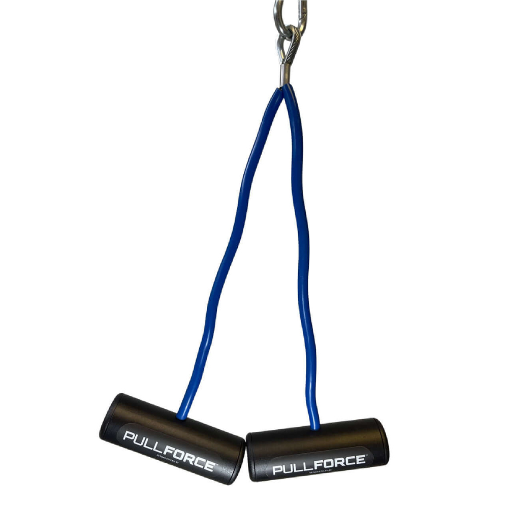 The PULL FORCE Hi-Intensity Cable Gym Attachment handles, in commercial-grade black with "PULLFORCE" text and blue cables for superior grip, are securely hung on a metal hook.